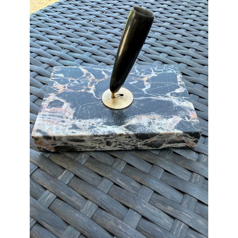 Vintage Gorman's Marble Desk Pen Holder Black Veined Stone Brass Swivel Base USA